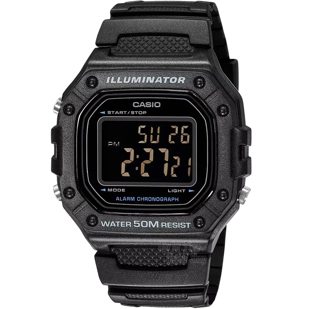 Black Casio digital watch with rugged rectangular case and textured strap in silver stainless steel W-218HD-1A model