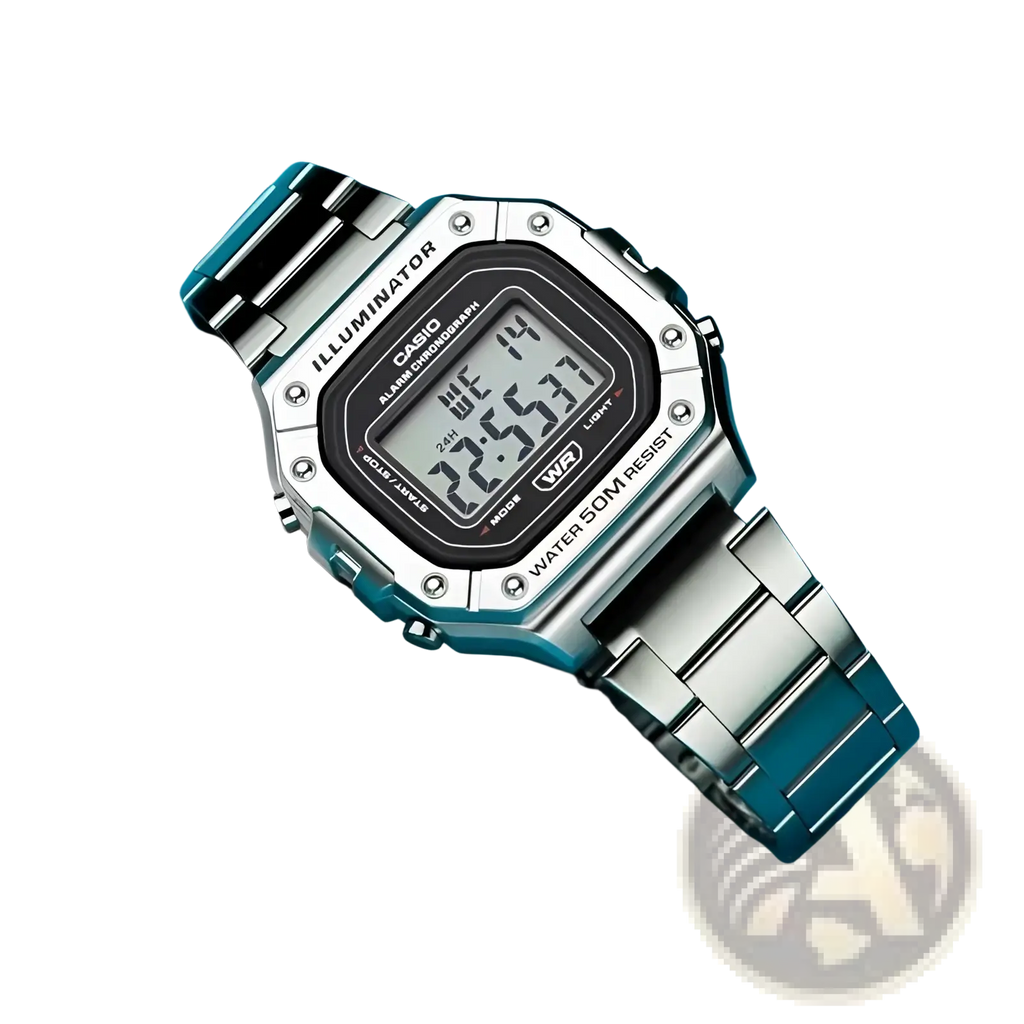 Casio silver digital watch W-218HD-1A with rectangular face and stainless steel bracelet in silver metallic finish