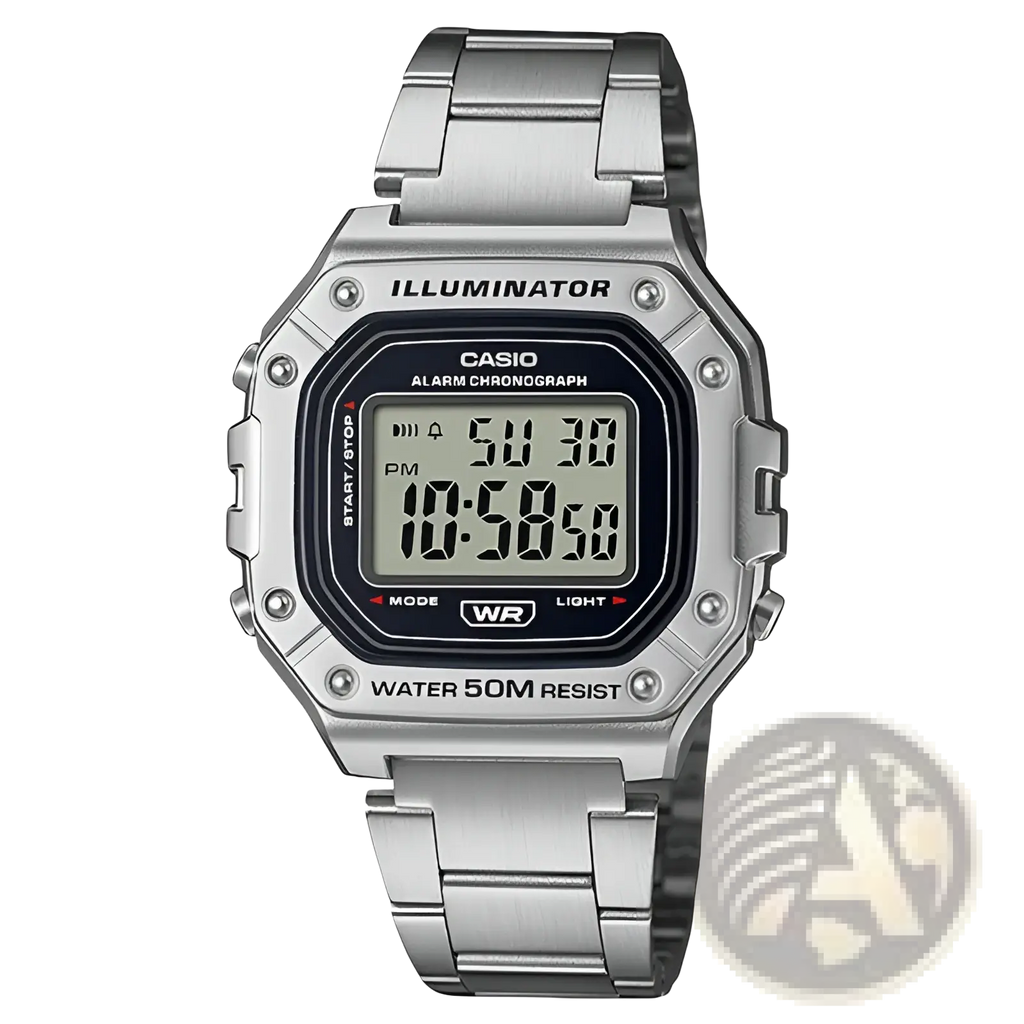 Casio silver digital watch w-218hd-1a with rectangular stainless steel case and bracelet featuring illuminated display