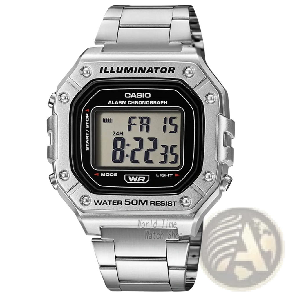 Casio silver digital watch w-218hd-1a with rectangular black display and stainless steel link bracelet