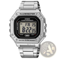 Casio silver digital watch w-218hd-1a with rectangular black display and stainless steel link bracelet