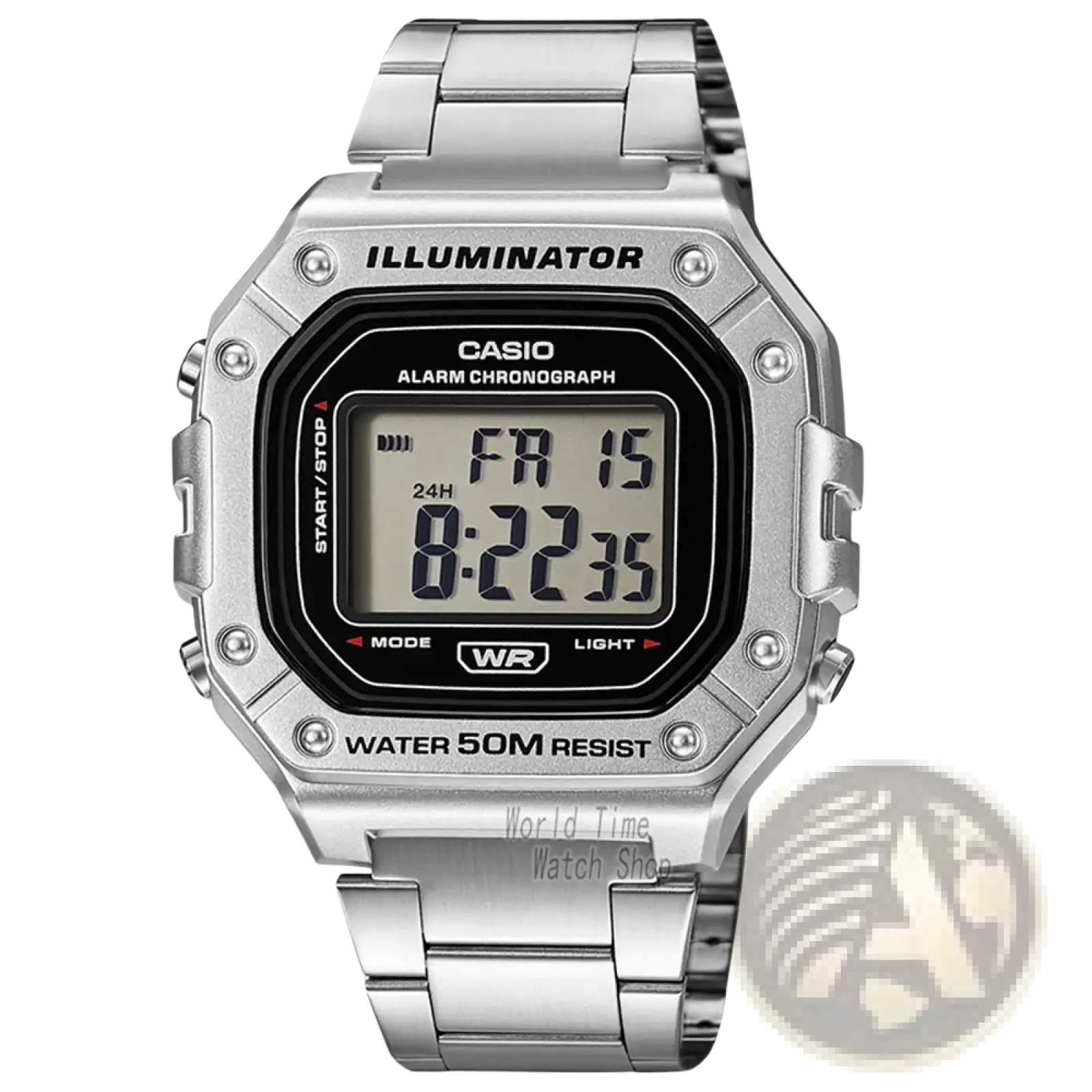 Casio silver digital watch w-218hd-1a with rectangular black display and stainless steel link bracelet