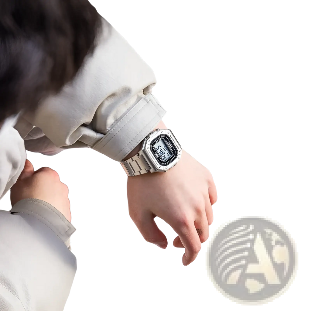 Casio silver digital watch W-218hd-1a with rectangular face and stainless steel metallic band
