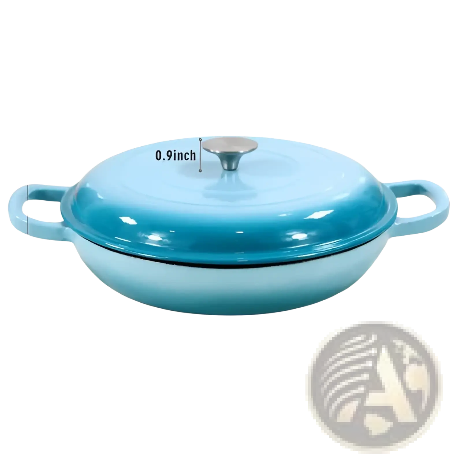 A vibrant turquoise enameled cast iron braiser 3.8 qt casserole pot with matching lid and side handles