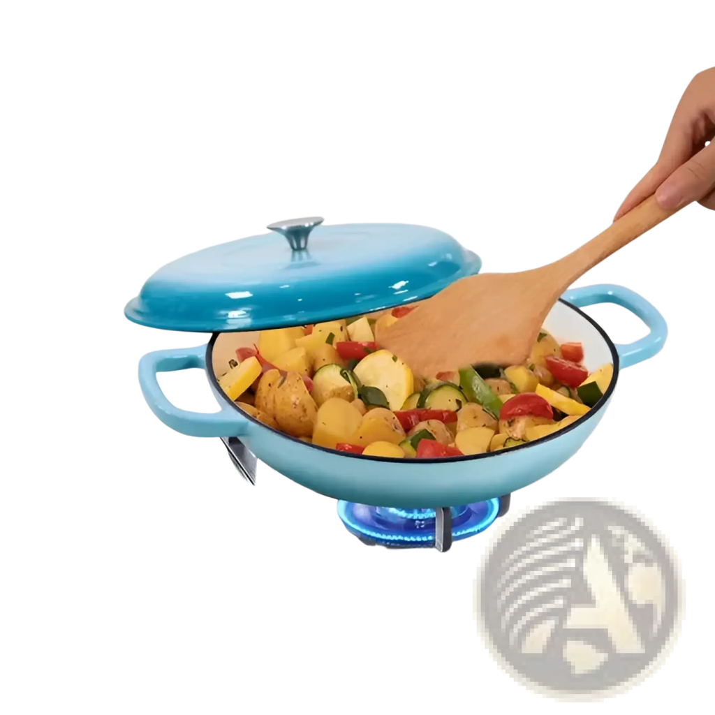 Bright blue enameled cast iron braiser 3.8 qt casserole pot with lid and handles filled with chopped vegetables being stirred