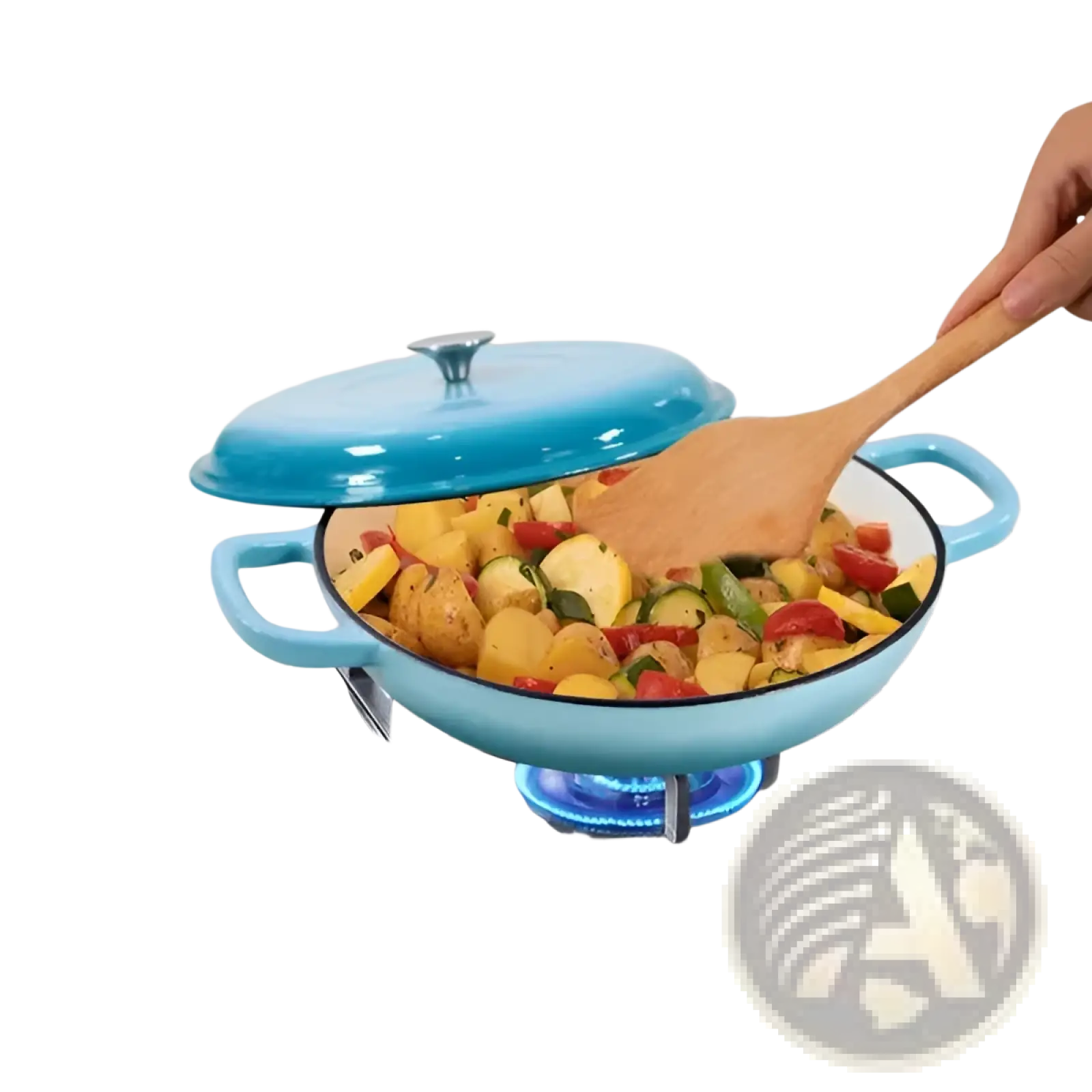 Bright blue enameled cast iron braiser 3.8 qt casserole pot with lid and handles filled with chopped vegetables being stirred