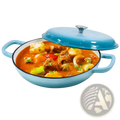 Blue enameled cast iron braiser 3.8 qt casserole pot with lid and handles filled with hearty stew
