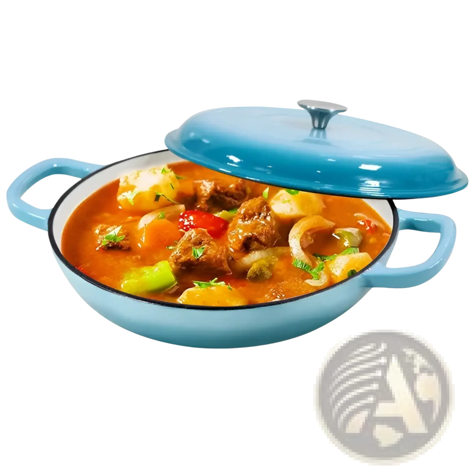Blue enameled cast iron braiser 3.8 qt casserole pot with lid and handles filled with hearty stew