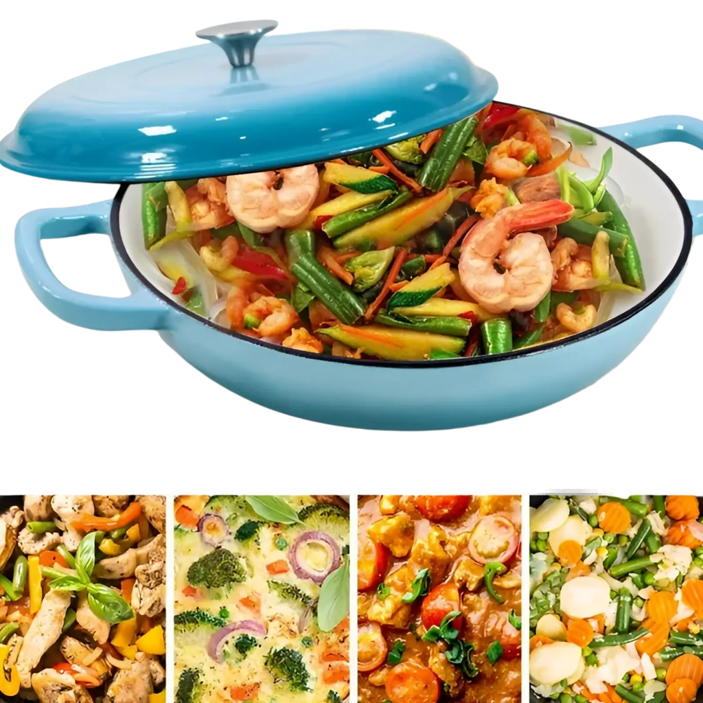 Blue enameled cast iron braiser 3.8 qt casserole pot with matching lid filled with shrimp and colorful vegetables