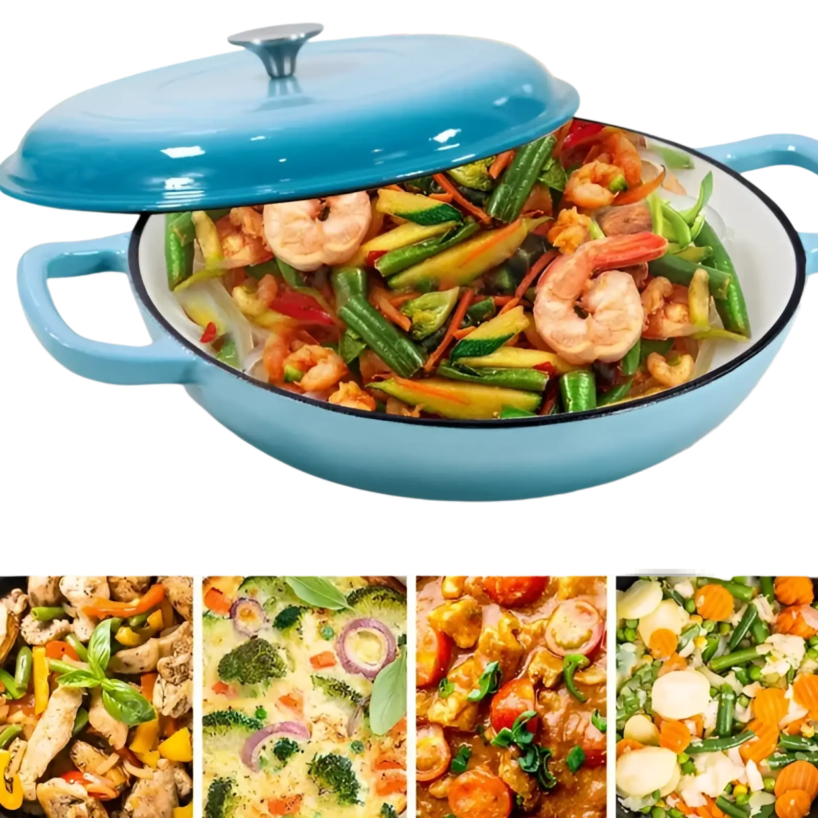 Blue enameled cast iron braiser 3.8 qt casserole pot with matching lid filled with shrimp and colorful vegetables