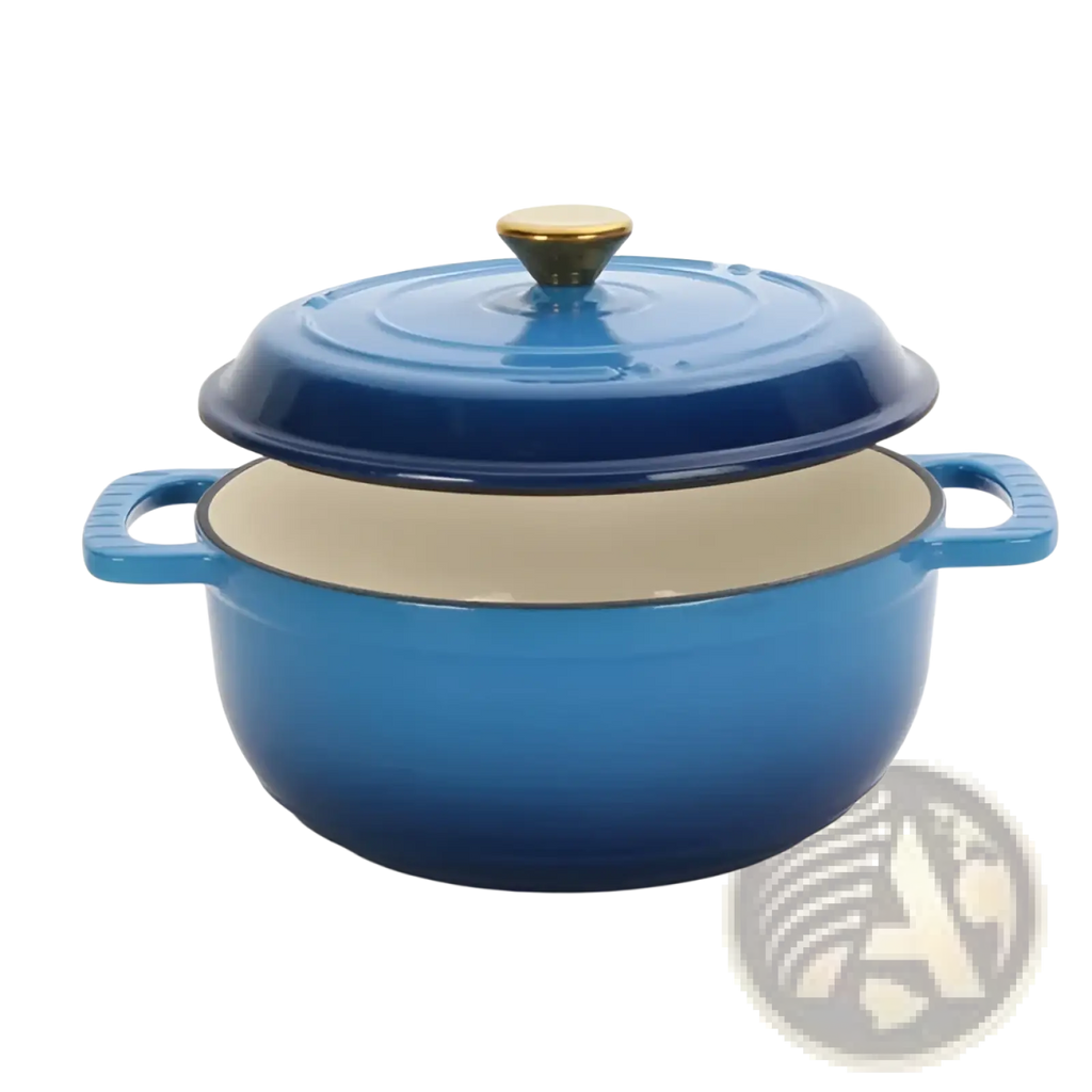 Blue enameled cast iron dutch oven 5qt with gold-toned knob and cream-colored interior for versatile cooking