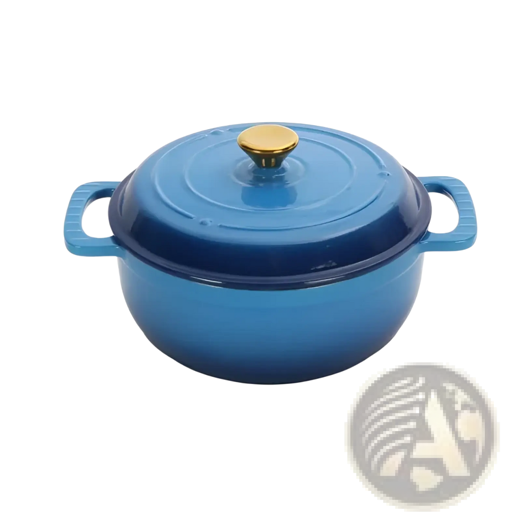 Blue enameled cast iron dutch oven 5qt with gold knob and two side handles for versatile cooking