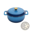 Blue enameled cast iron dutch oven 5qt with gold knob and two side handles for versatile cooking