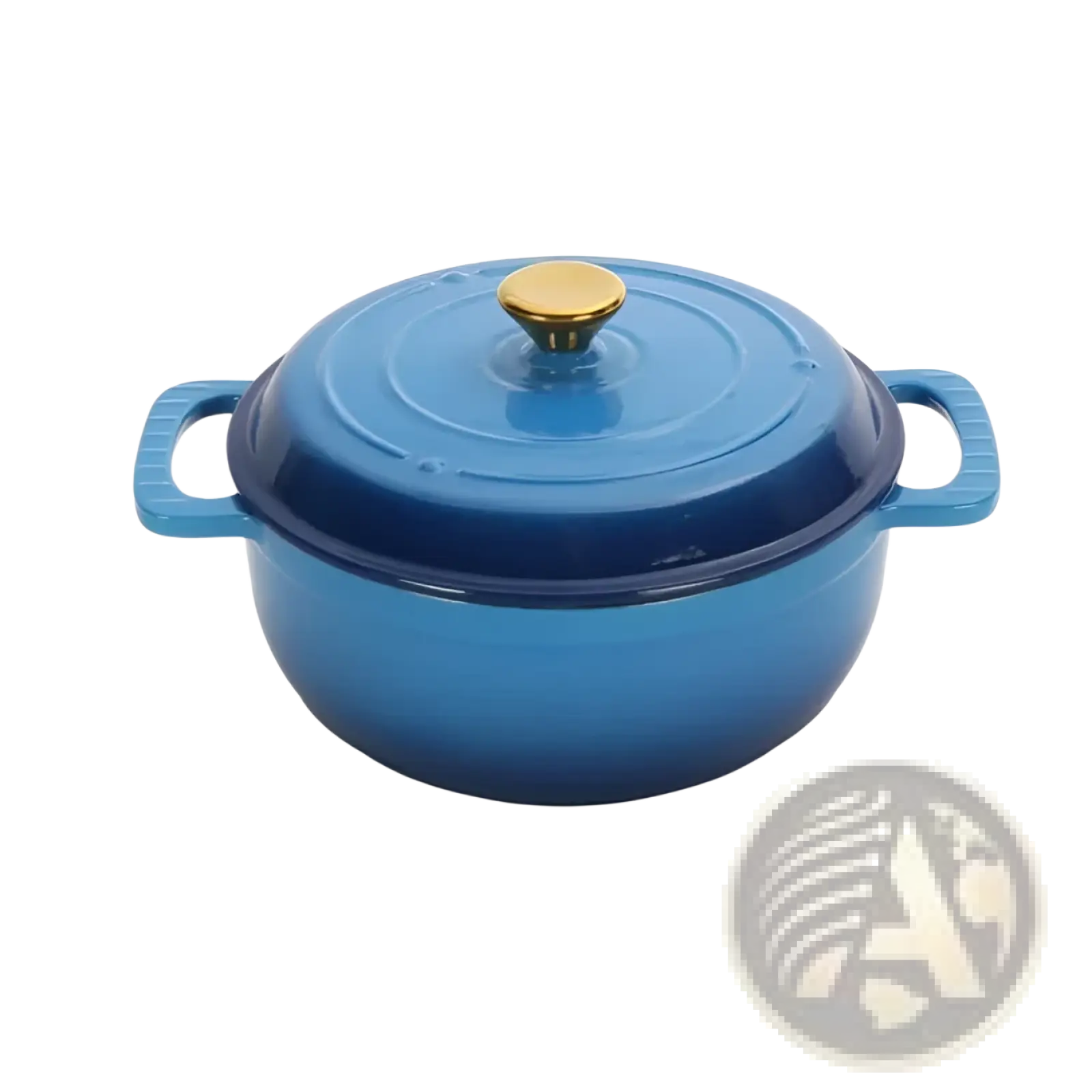 Blue enameled cast iron dutch oven 5qt with gold knob and two side handles for versatile cooking