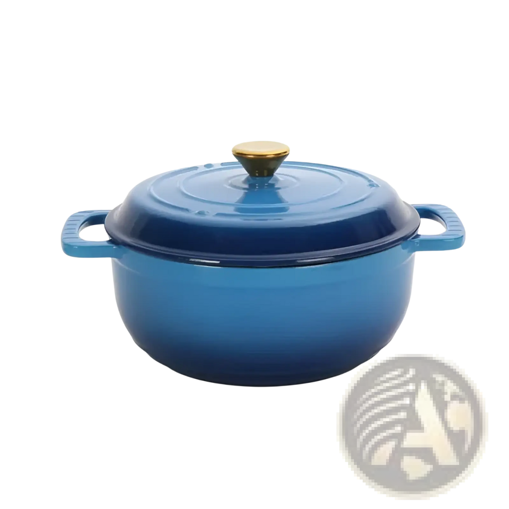 A vibrant blue enameled cast iron dutch oven 5qt with gold-toned lid knob and matching side handles