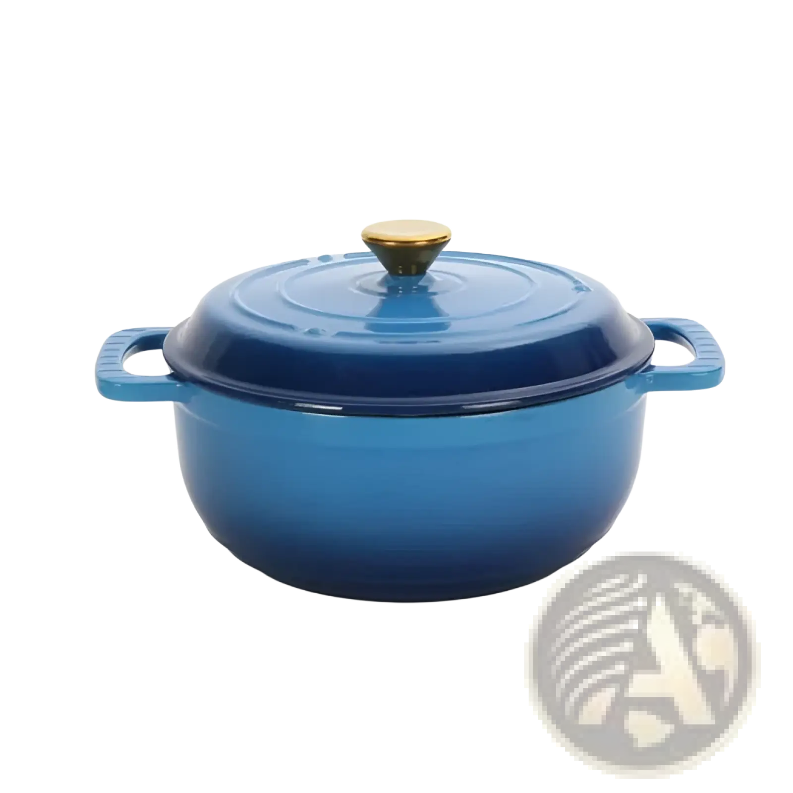 A vibrant blue enameled cast iron dutch oven 5qt with gold-toned lid knob and matching side handles