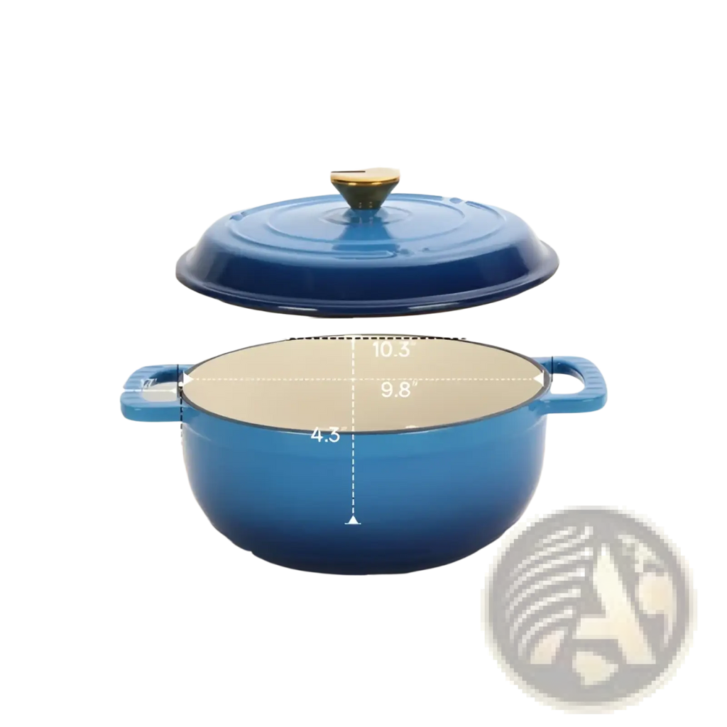 Blue enameled cast iron dutch oven 5qt with gold knob lid and two side handles for versatile cooking
