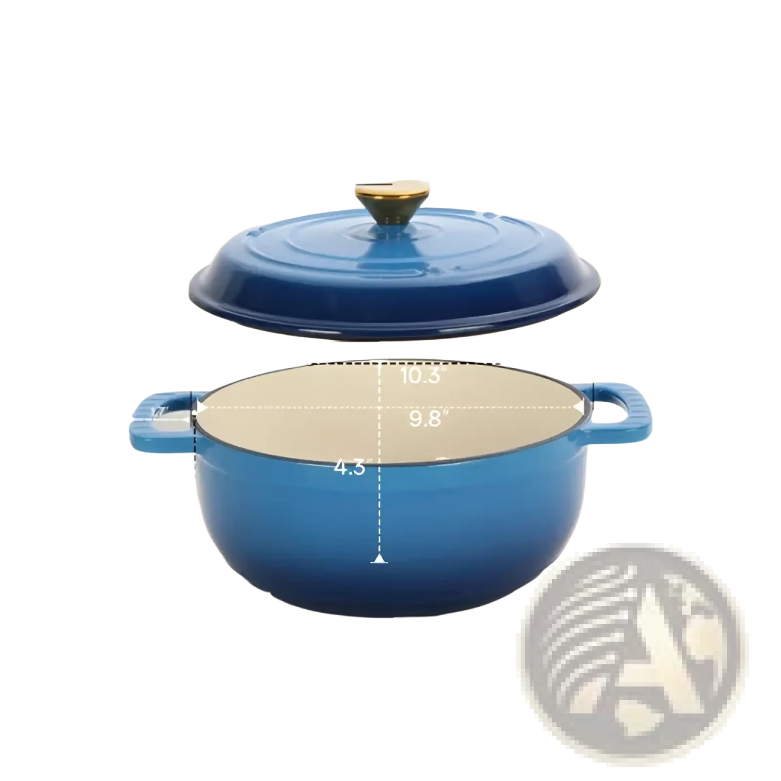 Blue enameled cast iron dutch oven 5qt with gold knob lid and two side handles for versatile cooking