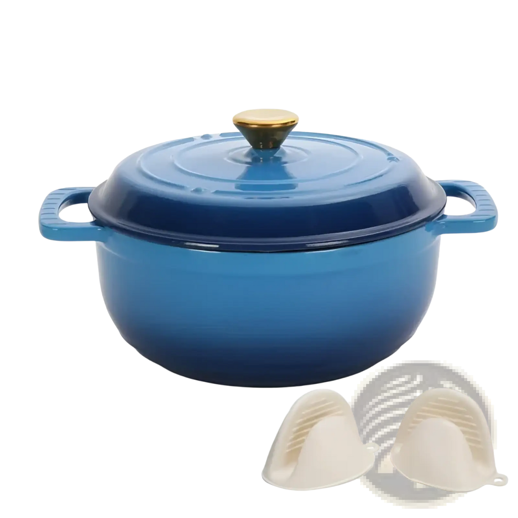 Blue enameled cast iron dutch oven 5qt with gold-colored knob and matching handles for versatile cooking