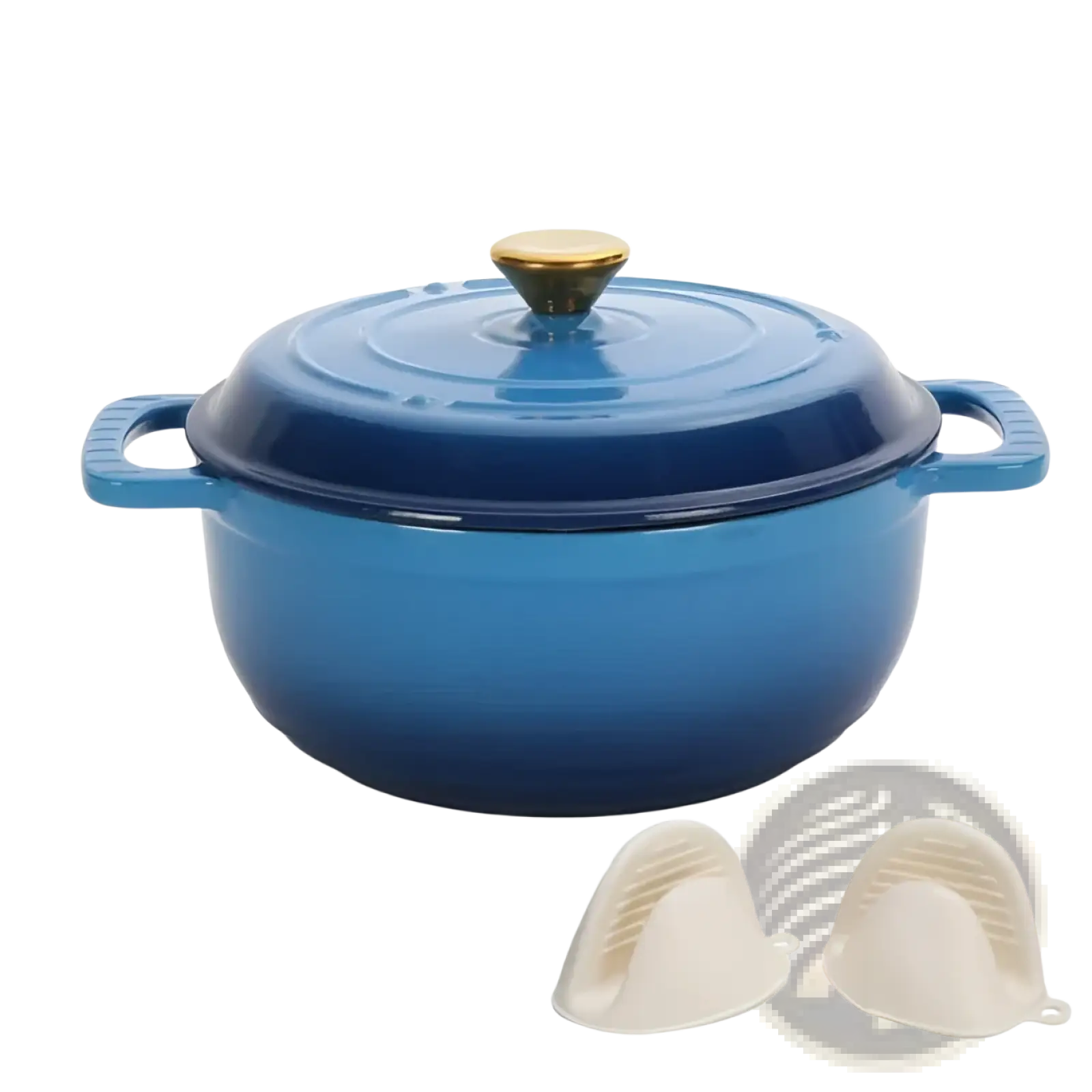 Blue enameled cast iron dutch oven 5qt with gold-colored knob and matching handles for versatile cooking