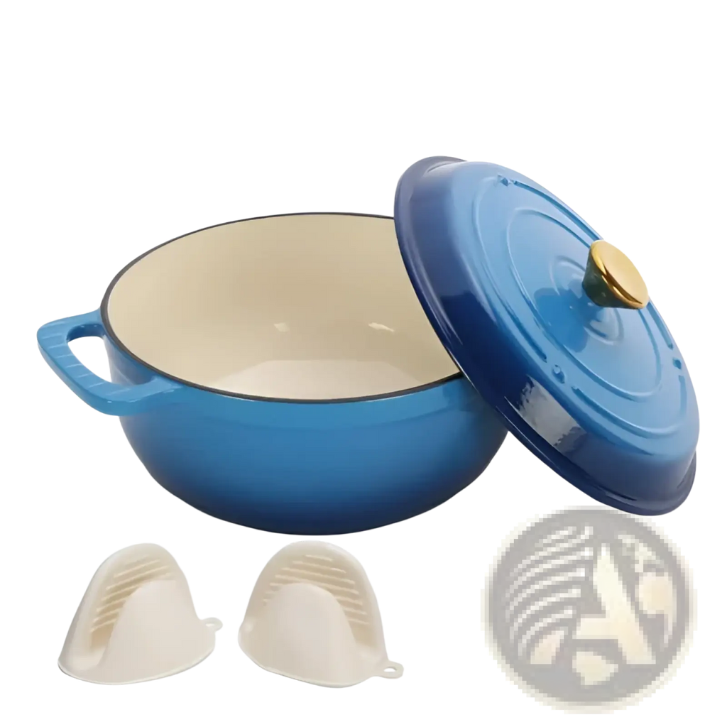 Blue enameled cast iron dutch oven 5qt with gold knob cream interior and beige silicone pot holders