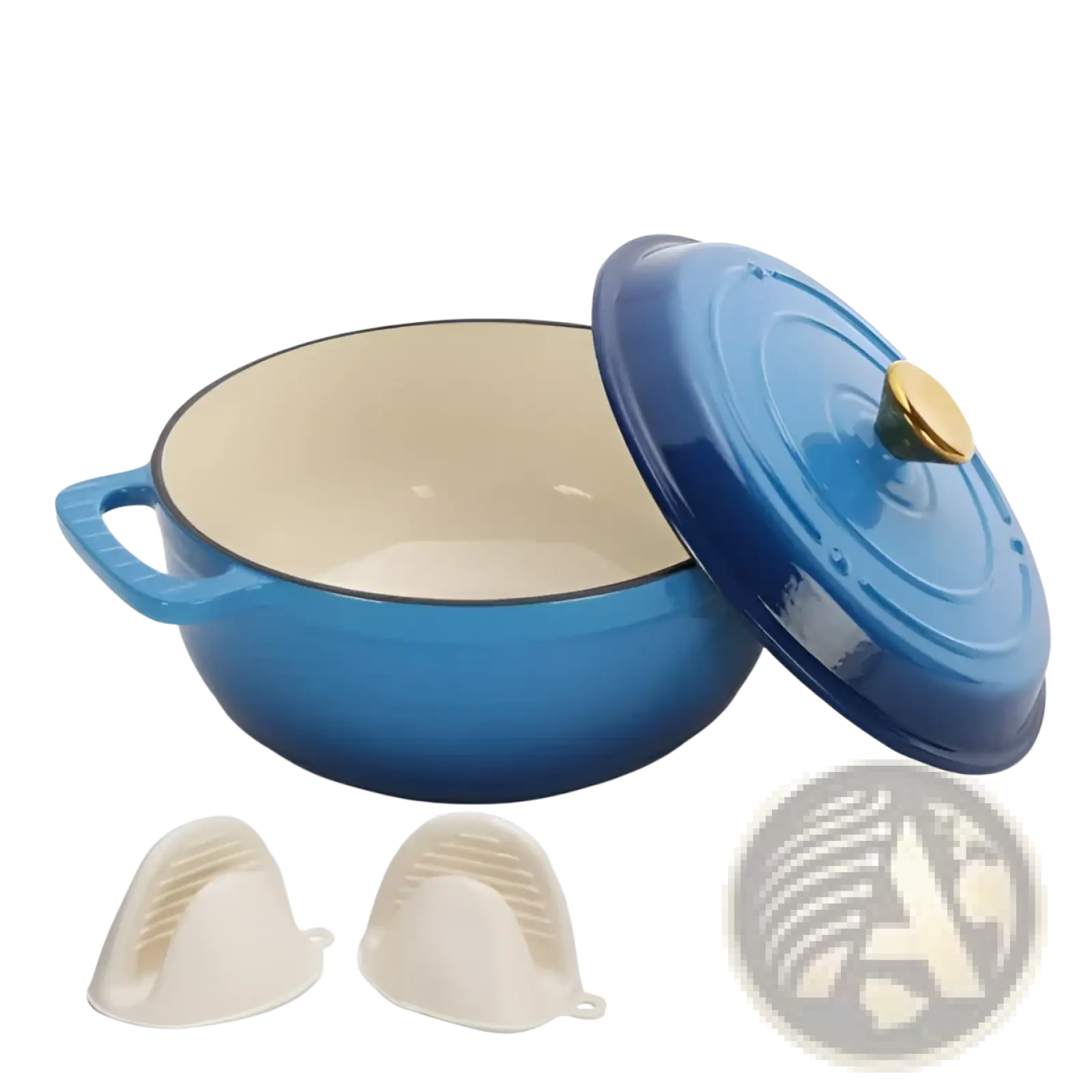 Blue enameled cast iron dutch oven 5qt with gold knob cream interior and beige silicone pot holders