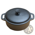 Black cast iron dutch oven with matching lid and two side handles for casserole and stew cooking 28cm