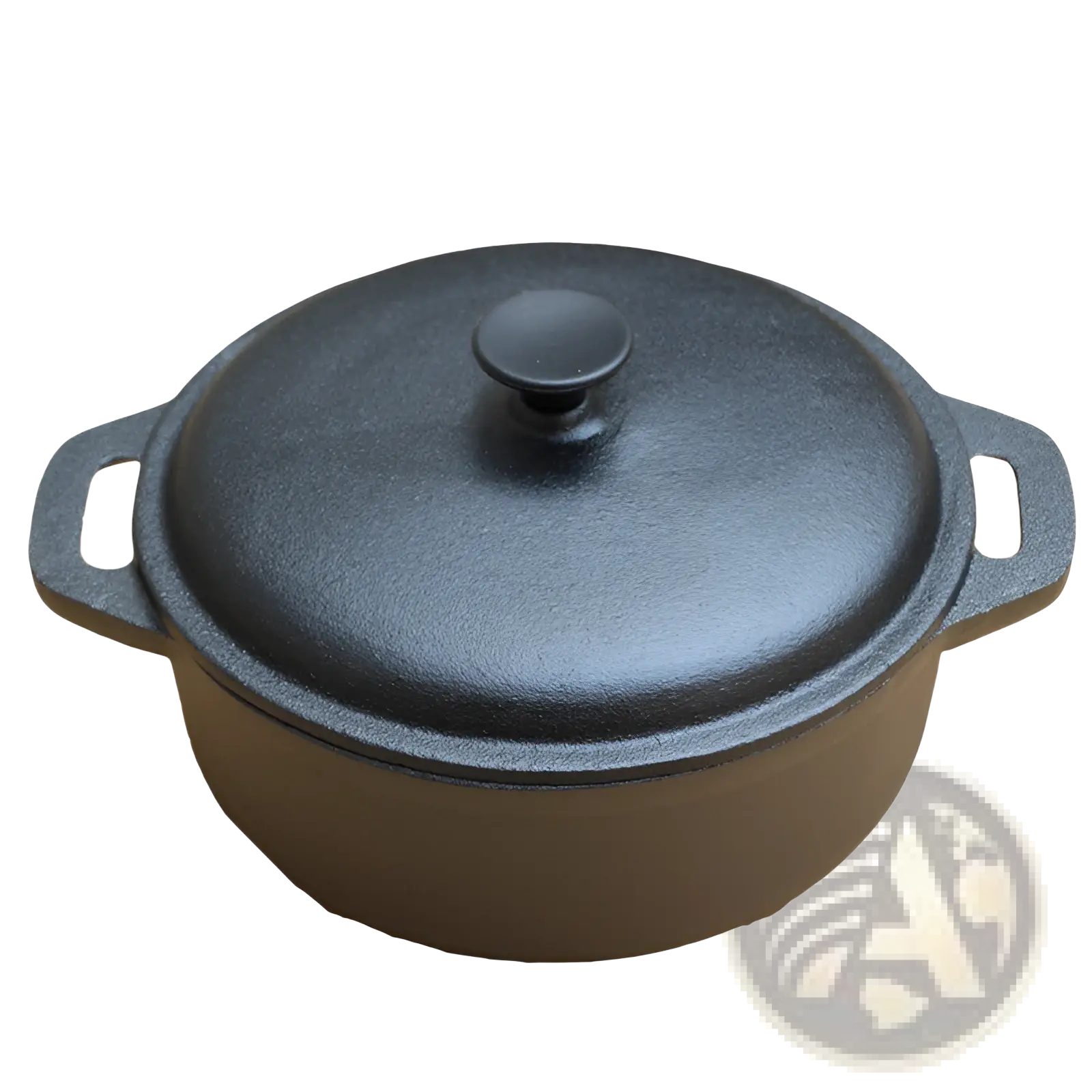Black cast iron dutch oven with matching lid and two side handles for casserole and stew cooking 28cm
