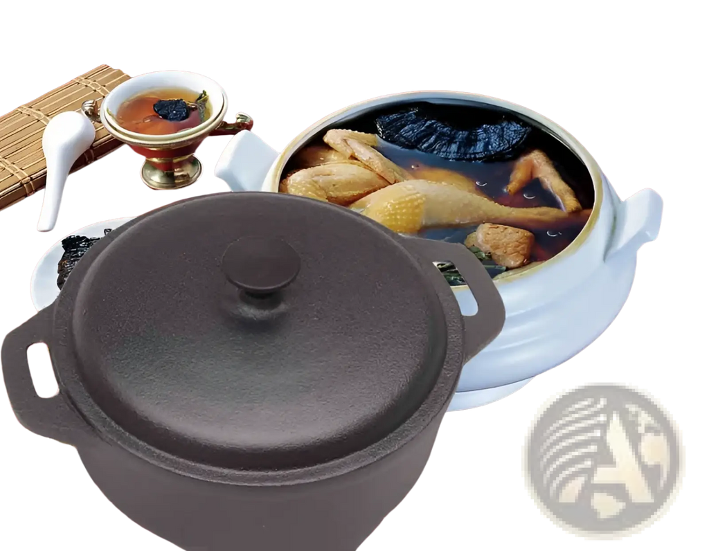 Black cast iron dutch oven with two handles and round lid for casserole and stew cooking 28cm