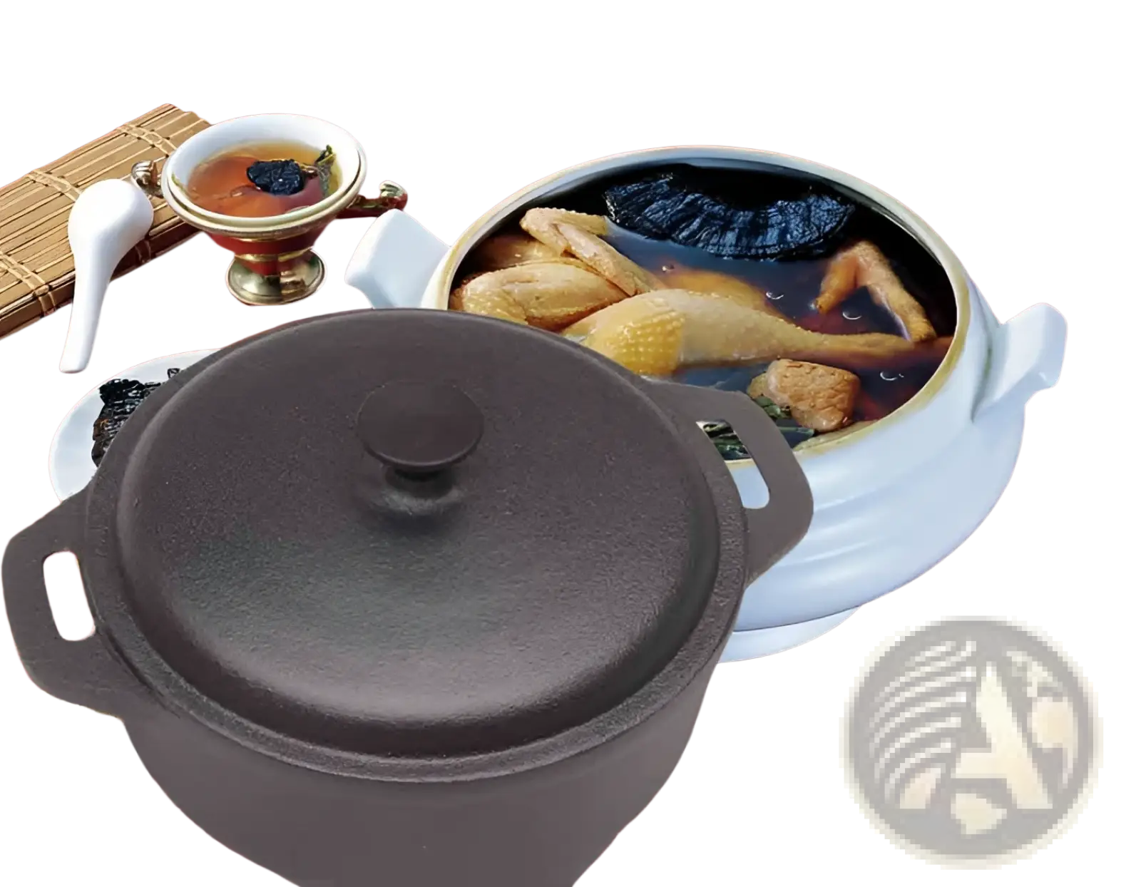 Black cast iron dutch oven with two handles and round lid for casserole and stew cooking 28cm