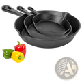 Set of three black cast iron skillets pre seasoned for durable nonstick cooking cookware use