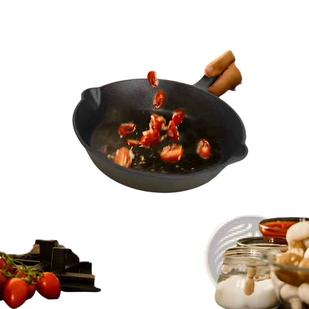 Black cast iron skillet with sturdy handle and raised edges from pre seasoned 3 piece cookware set ideal for searing and frying