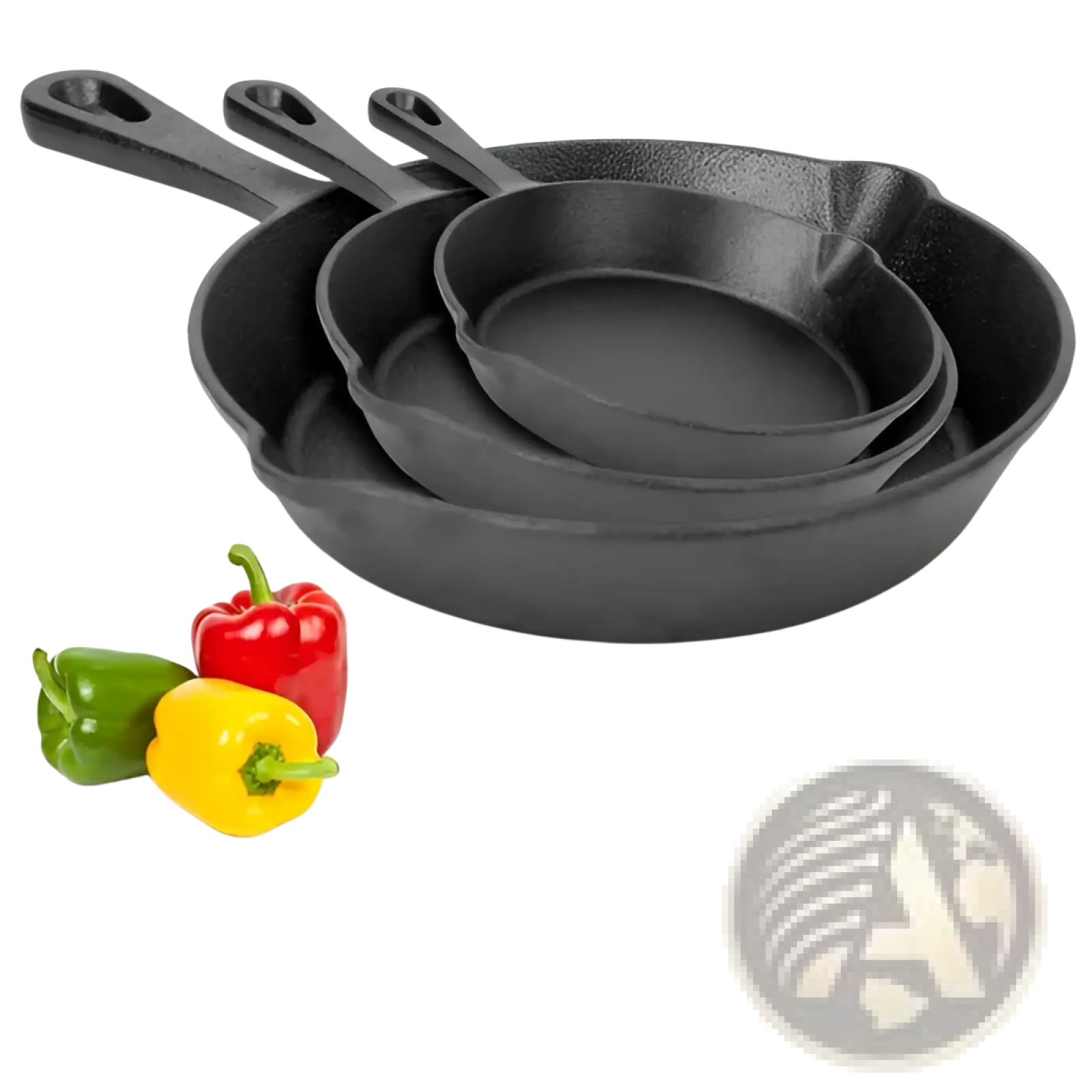 Set of three black pre seasoned cast iron skillets ideal for versatile cooking and durable cookware use