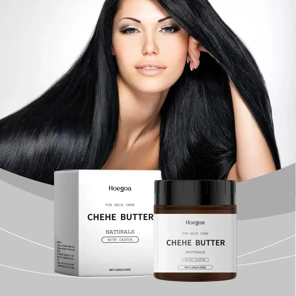 Hoegoa chehe butter castor oil nourishing hair mask in a sleek white and dark brown jar with black lid for hair care