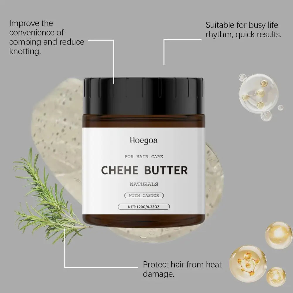 A sleek amber glass jar with a black lid and minimalist white label featuring hoegoa chehe butter hair mask