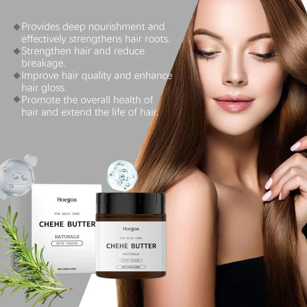 A sleek dark brown glass jar with black lid and white label containing hoegoa chehe butter castor oil hair mask