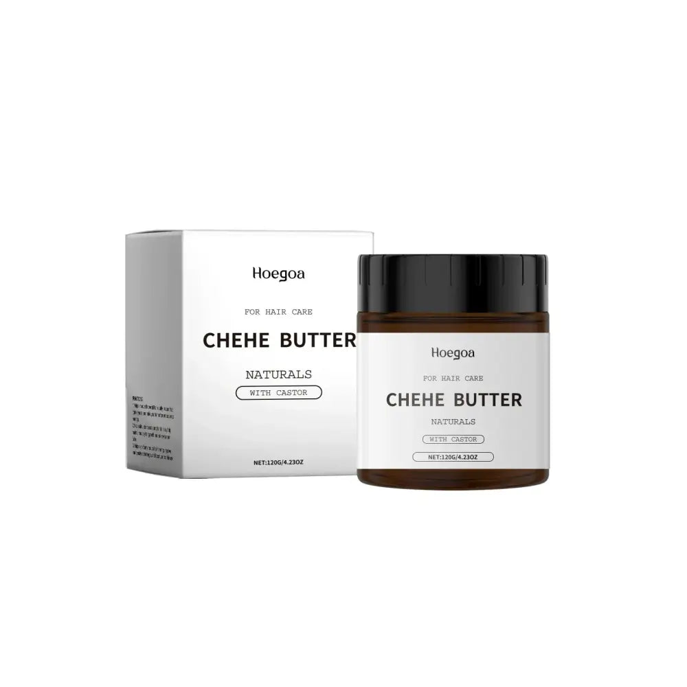 Hoegoa chehe butter castor oil nourishing hair mask in a sleek brown jar with black lid and minimalist white box packaging
