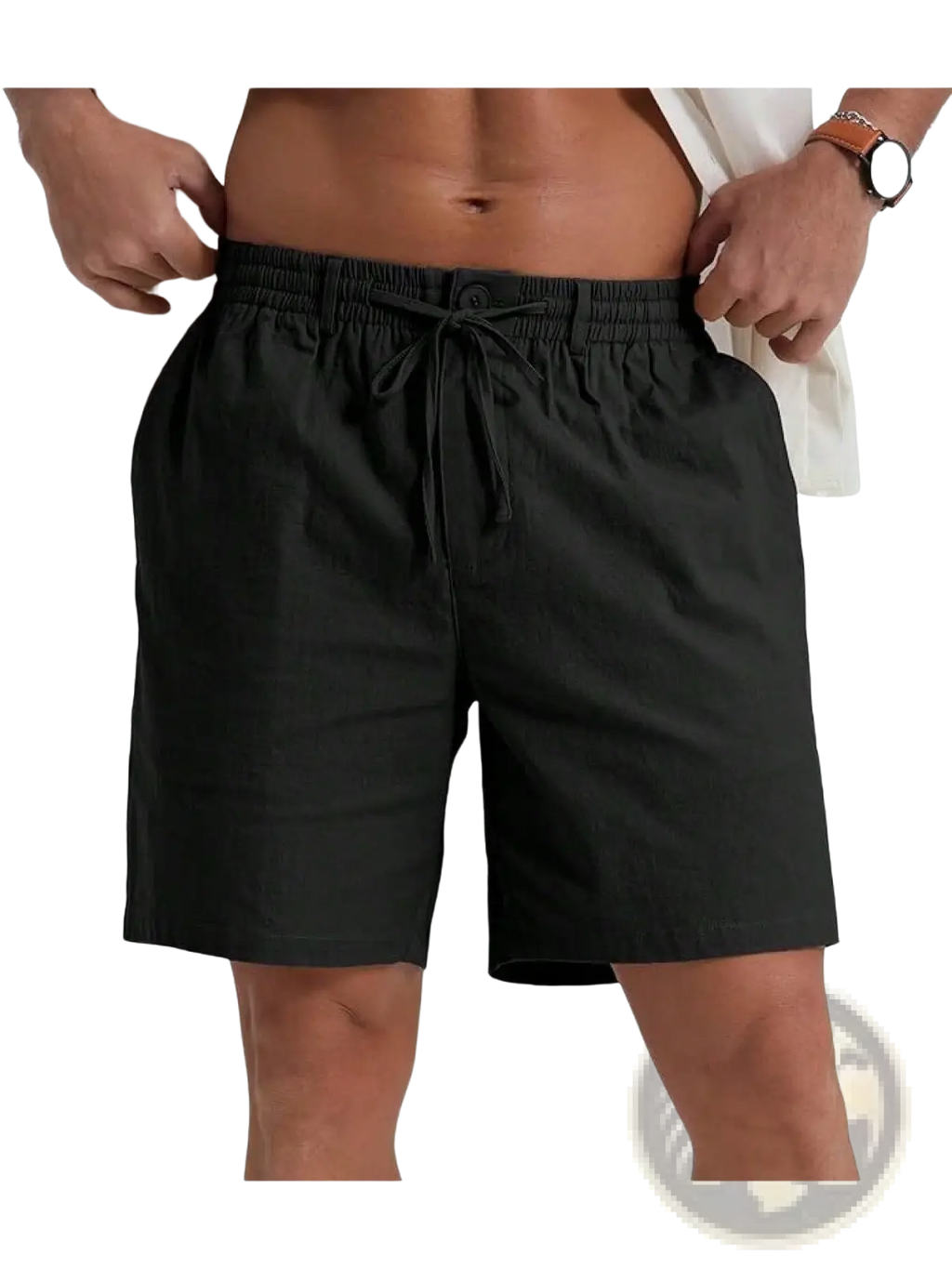 Black casual athletic drawstring shorts with relaxed fit and elastic waistband suitable for comfortable wear