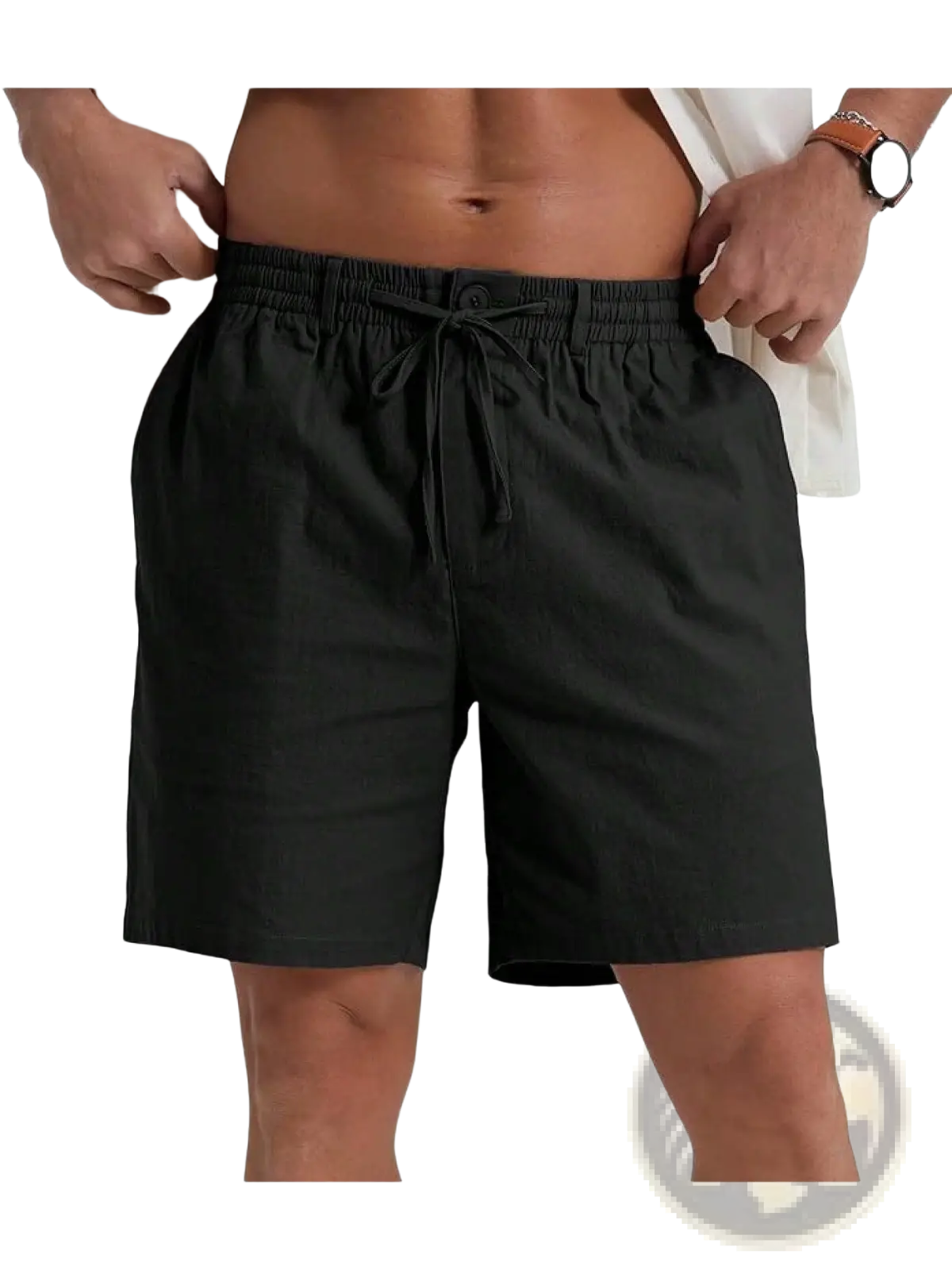 Black casual athletic drawstring shorts with relaxed fit and elastic waistband suitable for comfortable wear