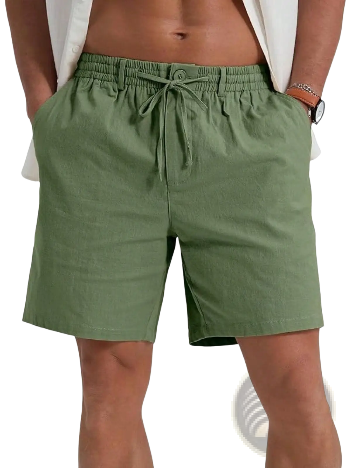 Olive green casual athletic drawstring shorts with elastic waistband and button closure for comfortable wear