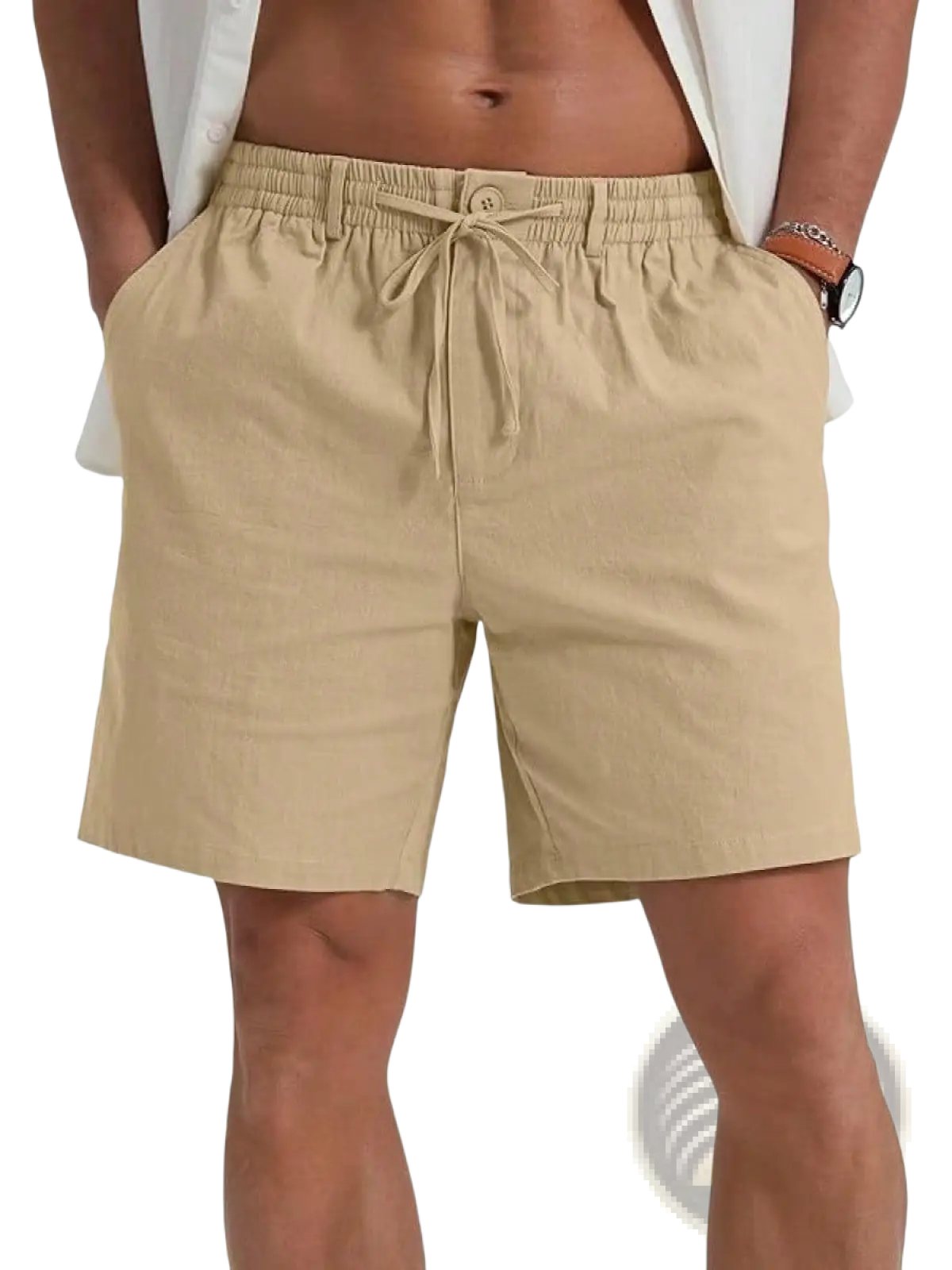 Beige casual athletic drawstring shorts with elastic waistband and single button closure for comfortable wear