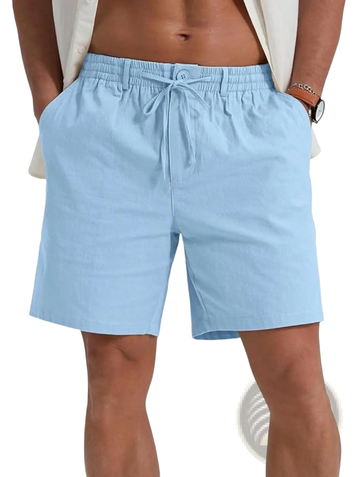 Light blue casual athletic drawstring shorts with elastic waistband and loose fit for comfortable wear