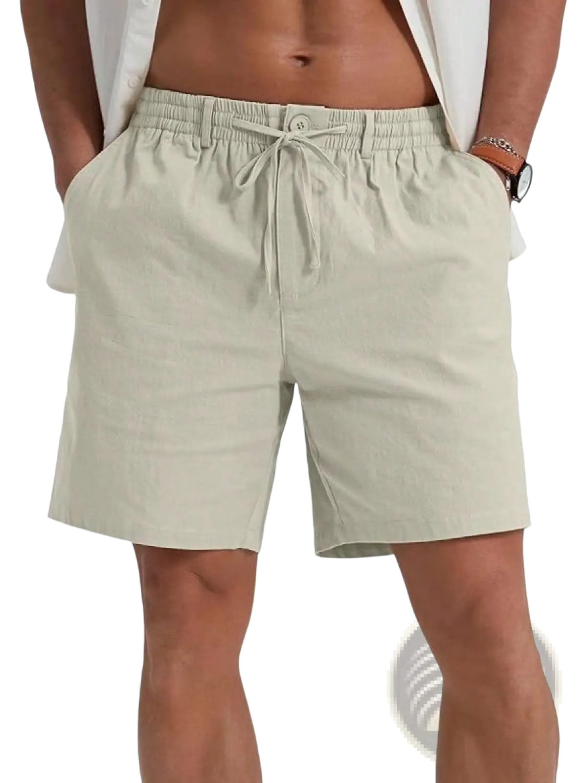 Beige casual athletic drawstring shorts with elastic waistband and side pockets perfect for active wear