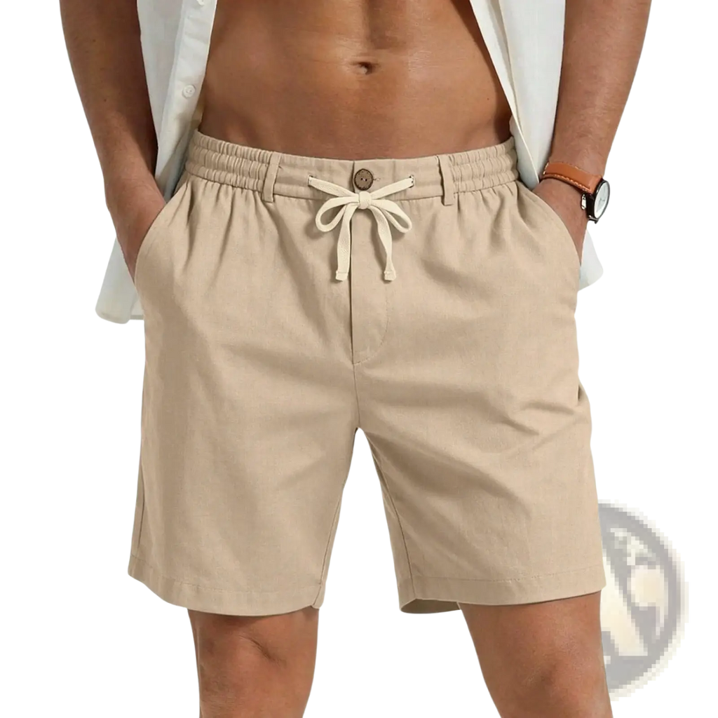 Beige cotton casual athletic drawstring shorts with button closure and front pockets for comfortable wear