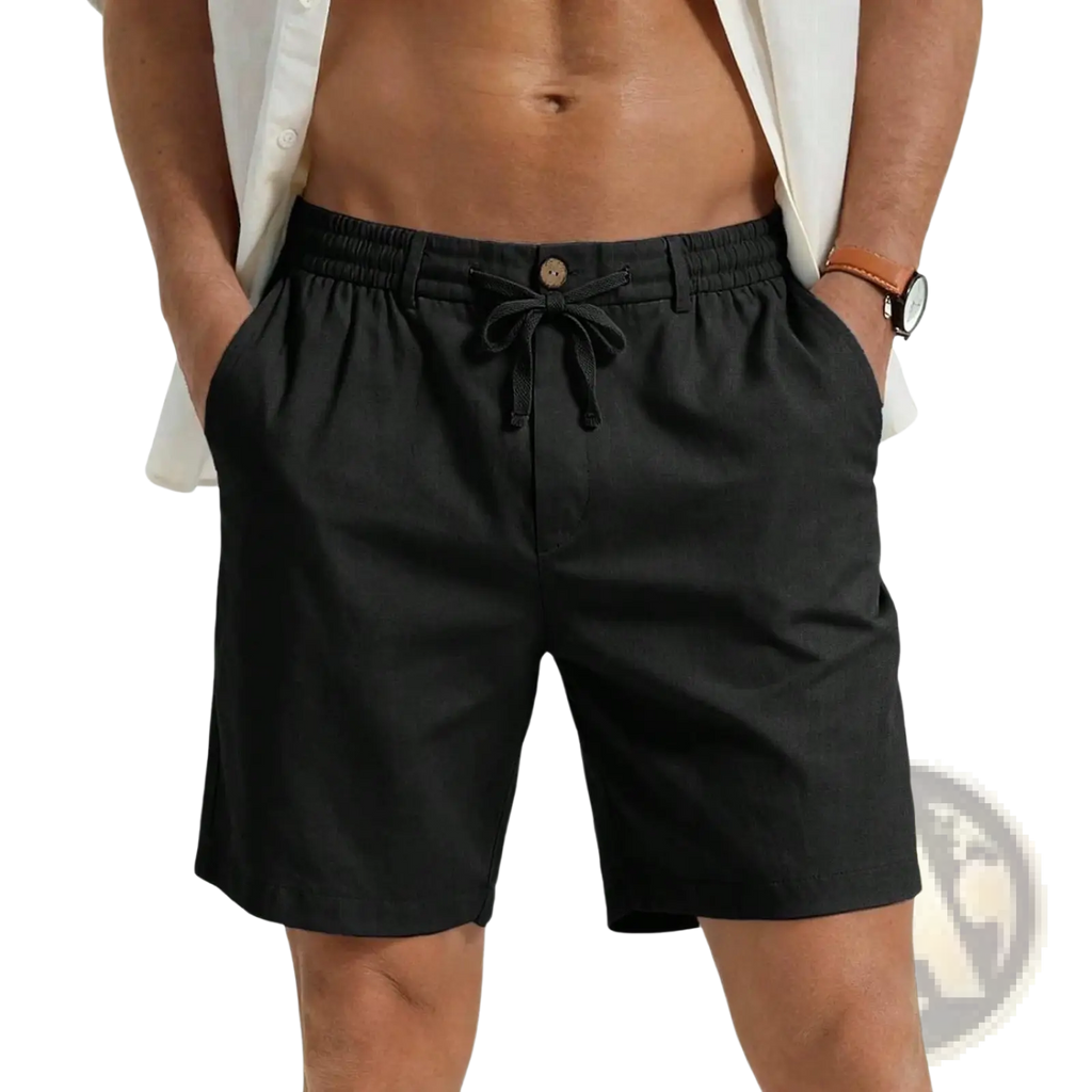 Black casual athletic drawstring shorts with elastic waistband and wooden button closure for comfortable wear