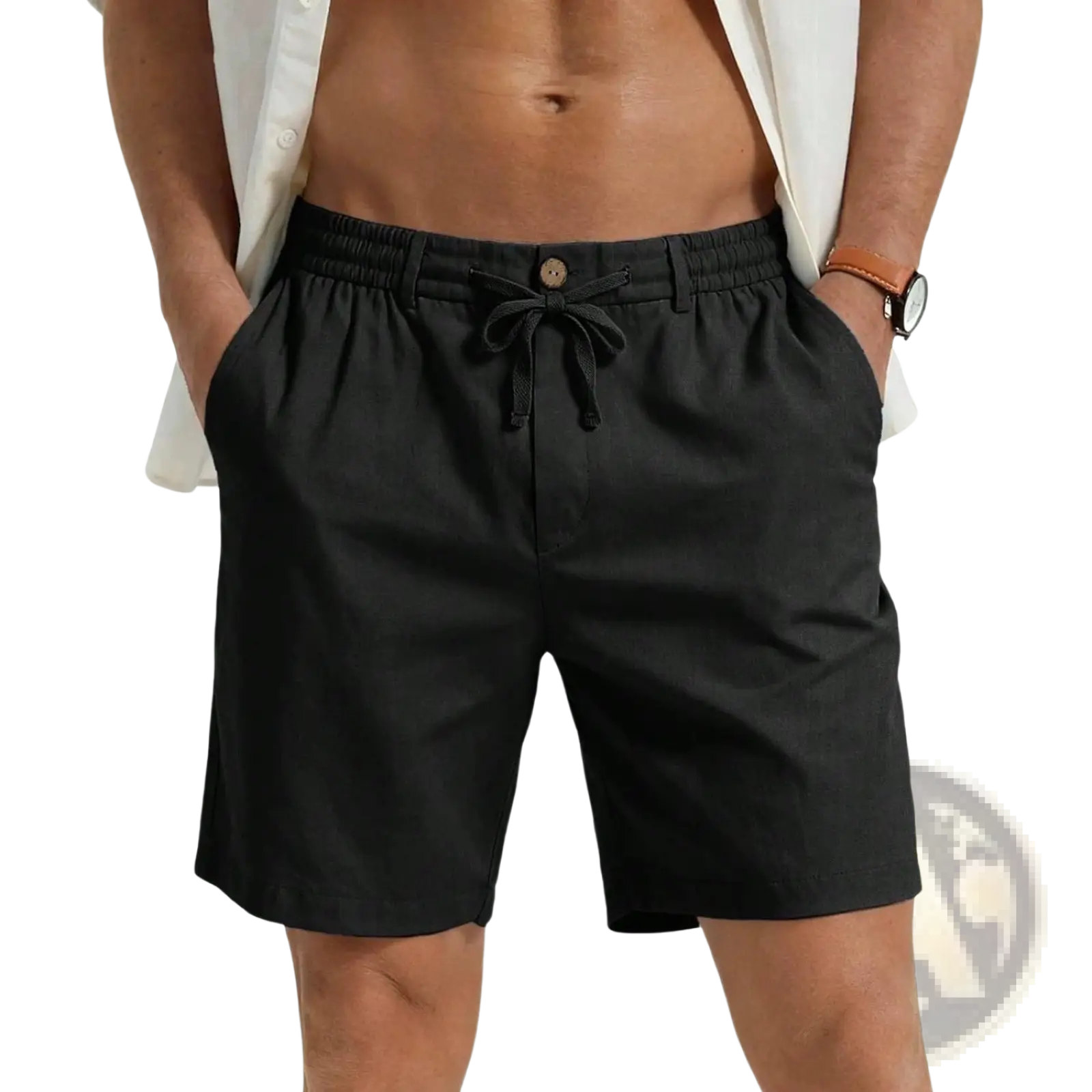 Black casual athletic drawstring shorts with elastic waistband and wooden button closure for comfortable wear