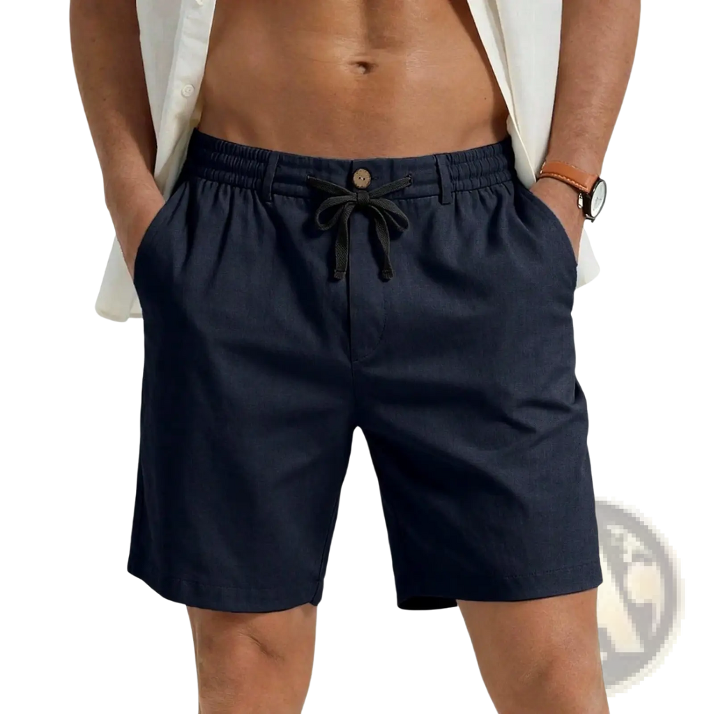 Dark navy blue cotton casual athletic drawstring shorts with elastic waistband and black tie for comfortable wear