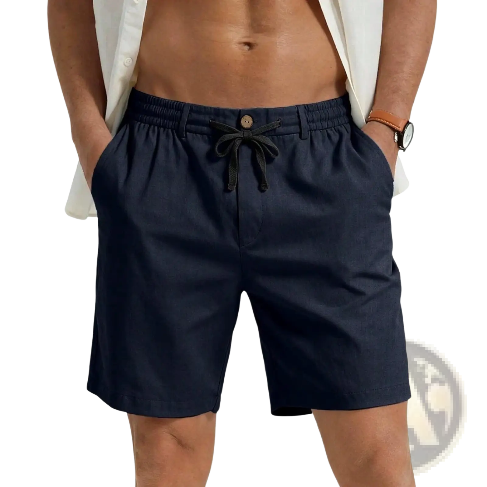 Dark navy blue cotton casual athletic drawstring shorts with elastic waistband and black tie for comfortable wear