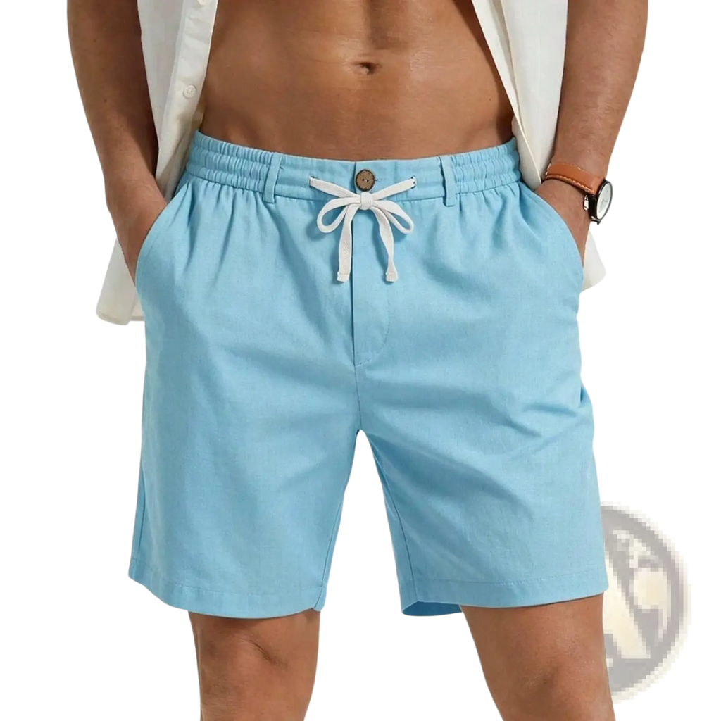 Light blue cotton casual athletic shorts with white drawstring and button closure for comfortable wear