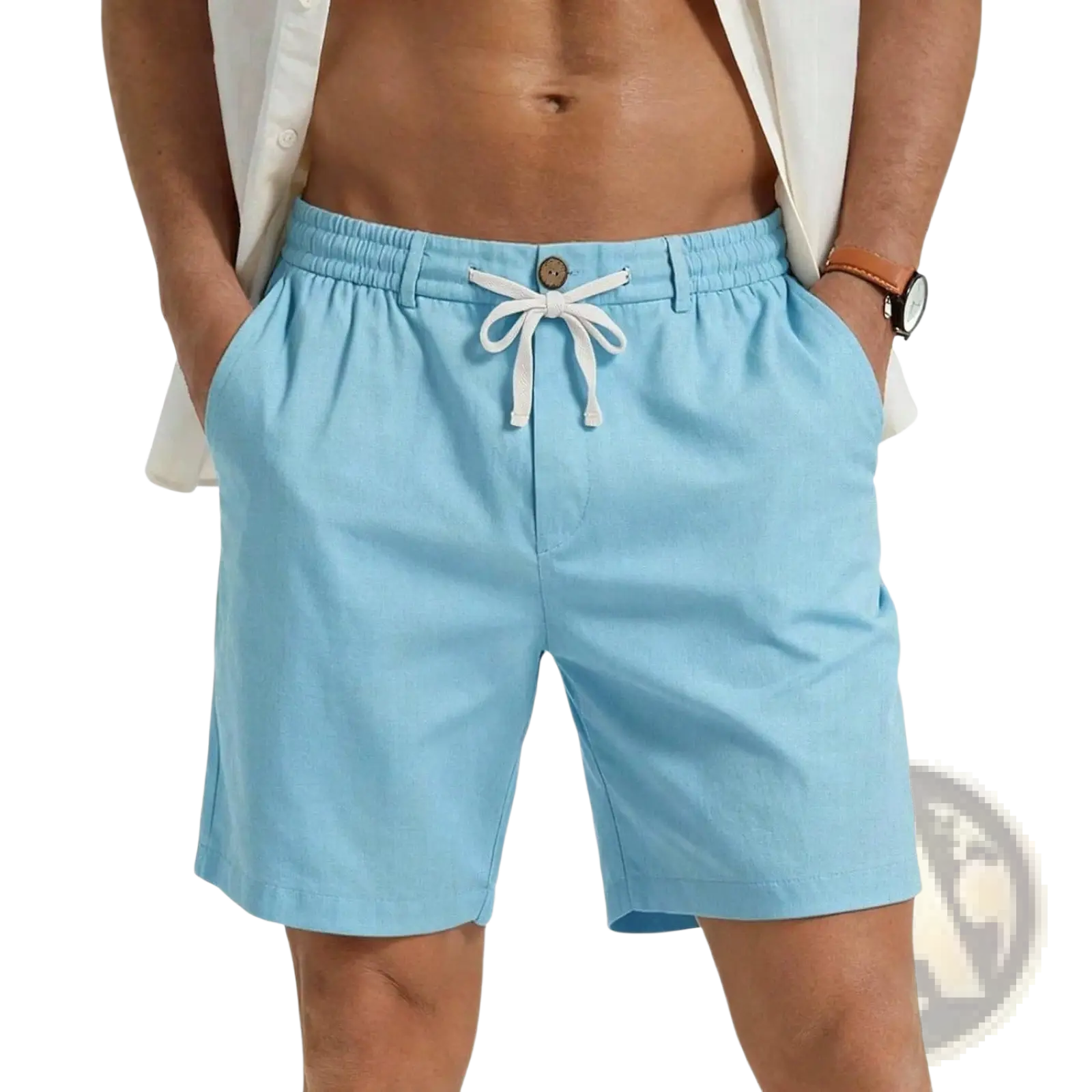 Light blue cotton casual athletic shorts with white drawstring and button closure for comfortable wear